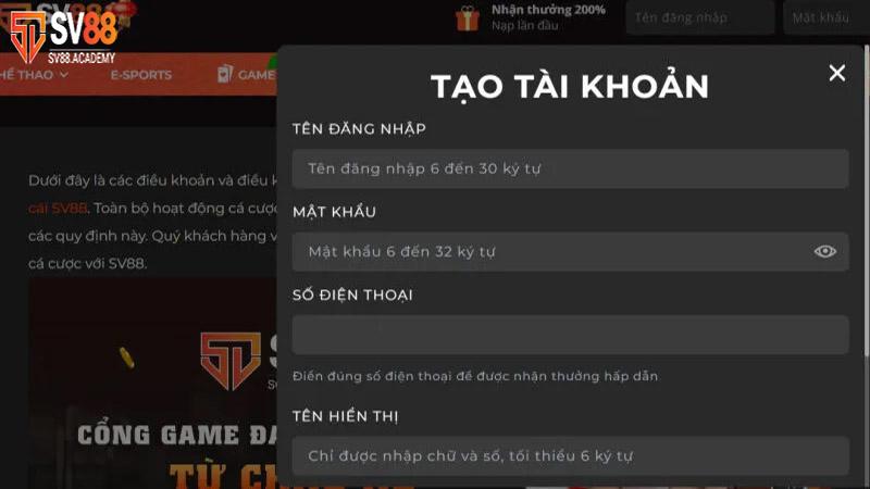 Sv88 22 Các bước đăng ký tài khoản tại sv88